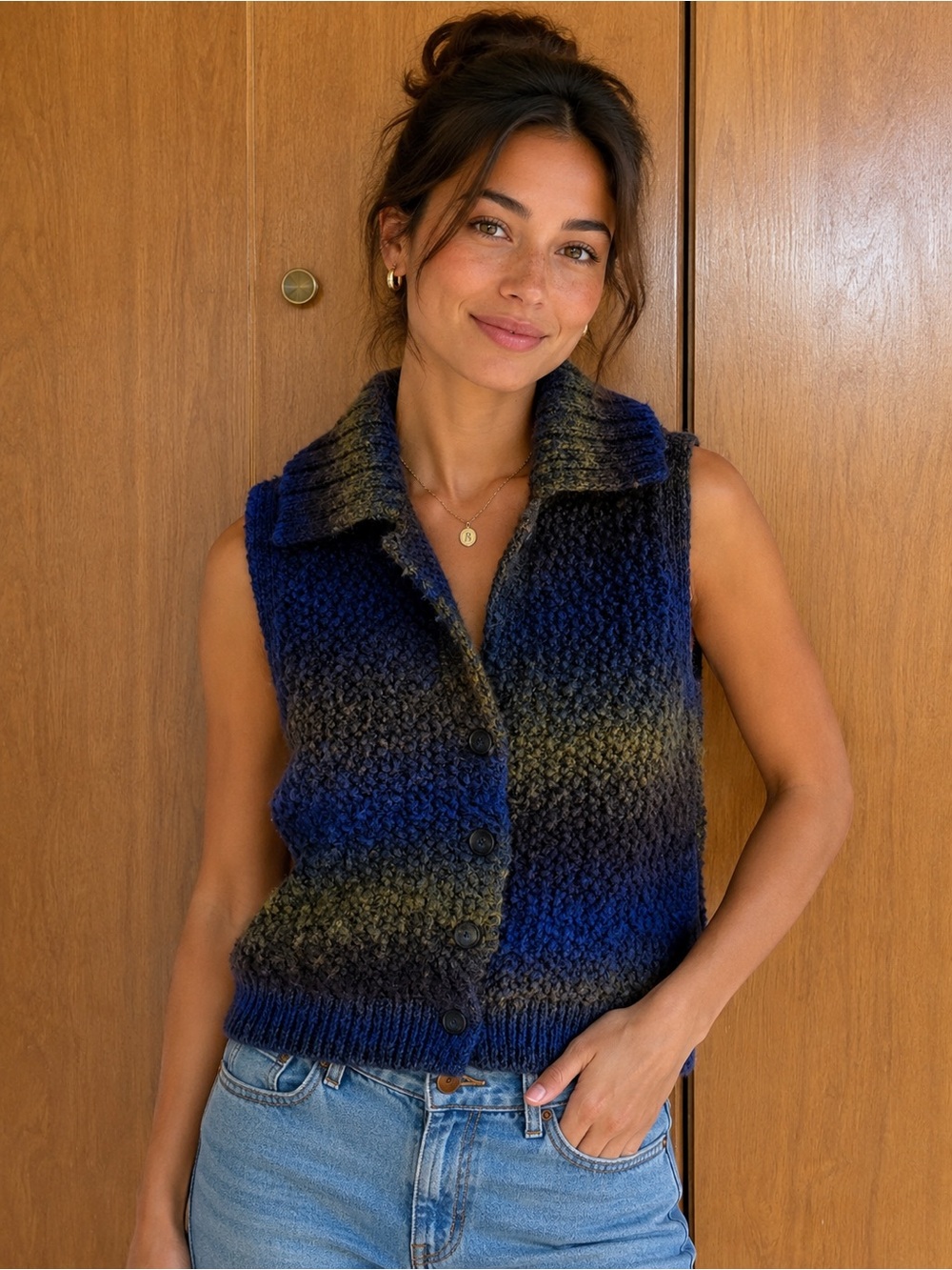 Vanessa Bruno Blue and Brown Button-Front Chunky Knit Vest